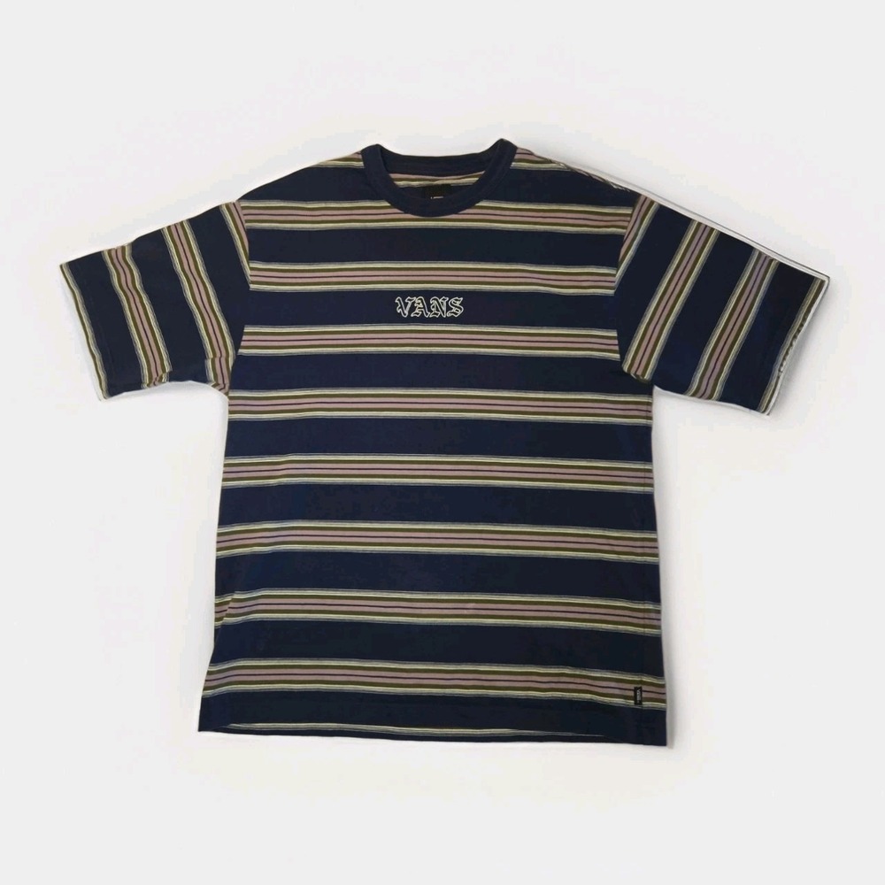 Vans Striped Shirt Mens Medium Loose Fit Navy Tan Embroidered Logo Y2K Heavy